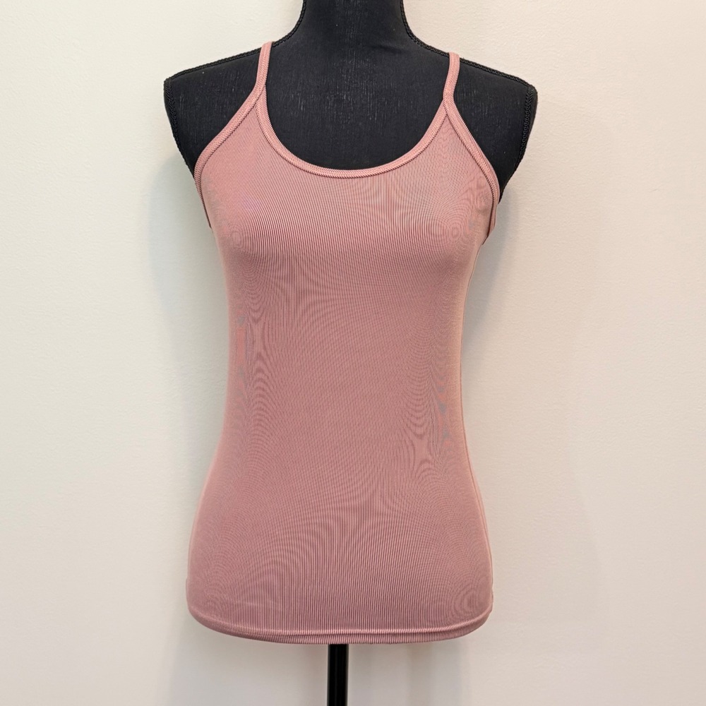 FLEO Womens M Ribbed Racerback Tank Top Pinstripe Dusty Rose Athletic Yoga USA